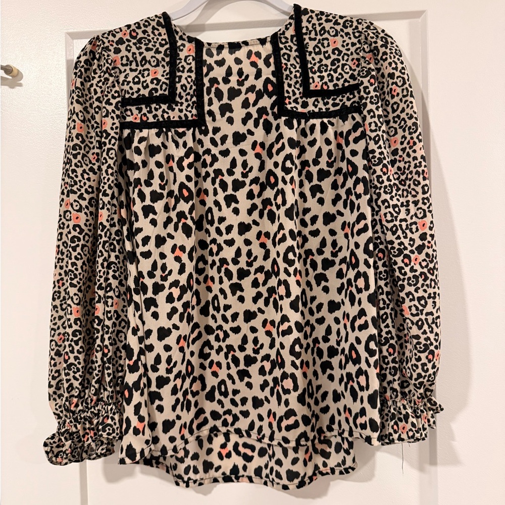 Maurice’s Leopard Print Long Sleeve Blouse with Contrast Trim